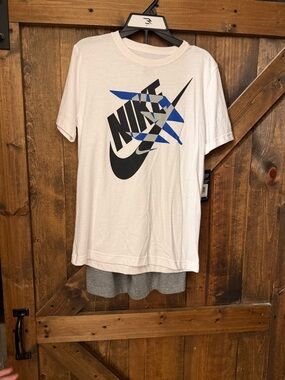Boys Nike White T‑Shirt with Black & Blue Graphic Logo and Matching Gray Shorts